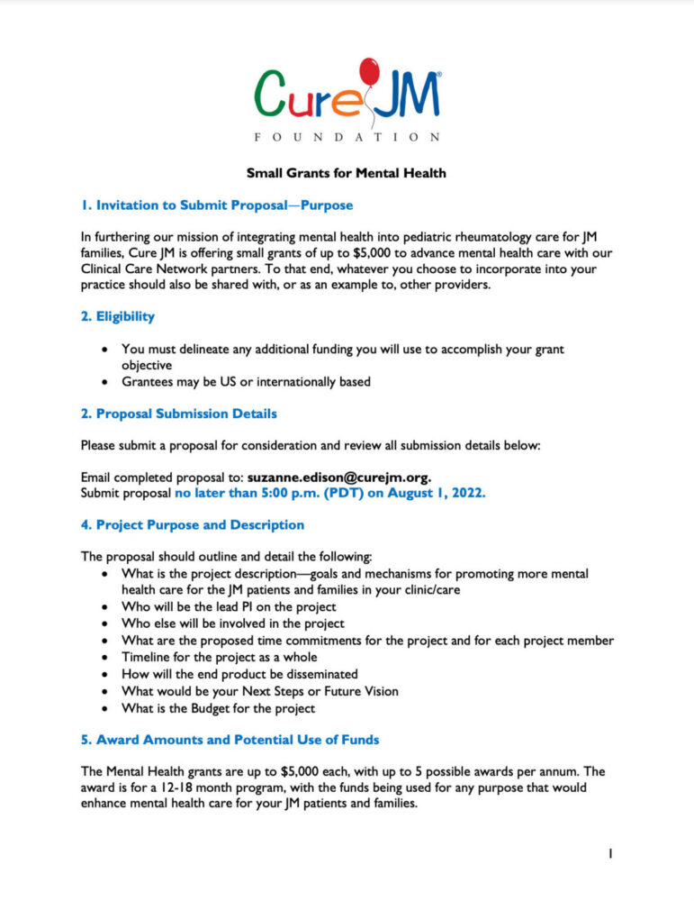 Cure JM mental health grant application cover page