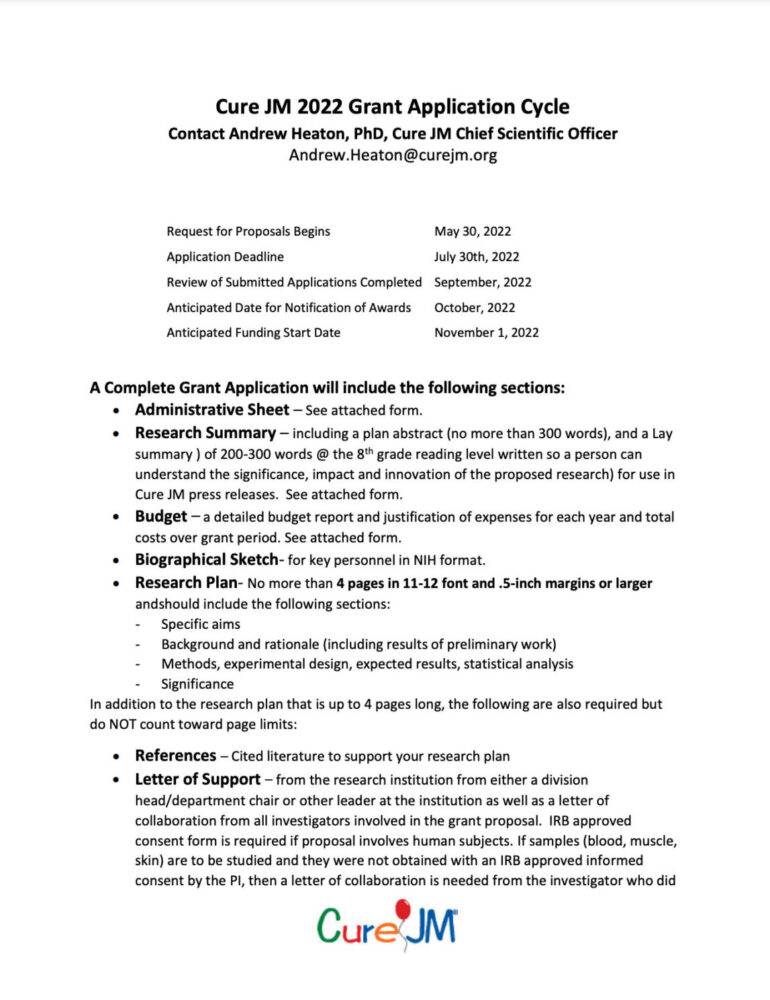 Cure JM research grant application cover page.