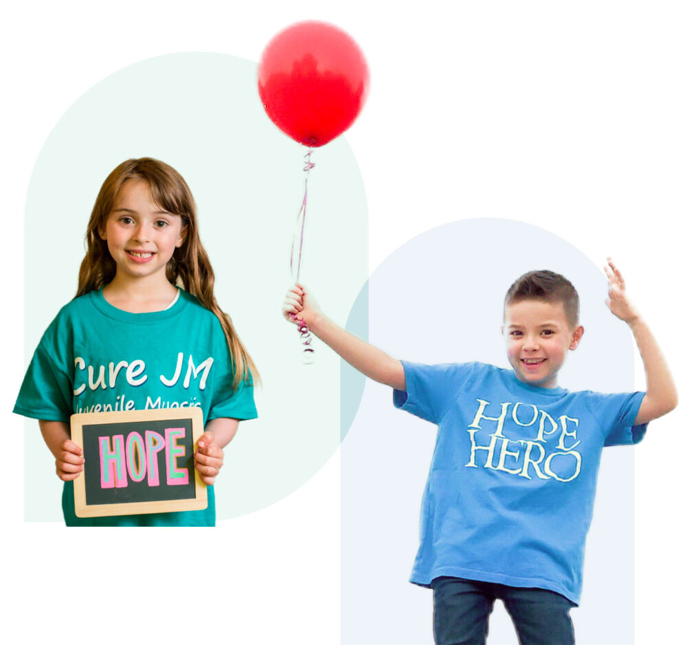 Two happy children: one with "Hope" chalkboard sign and the other holding a red balloon.