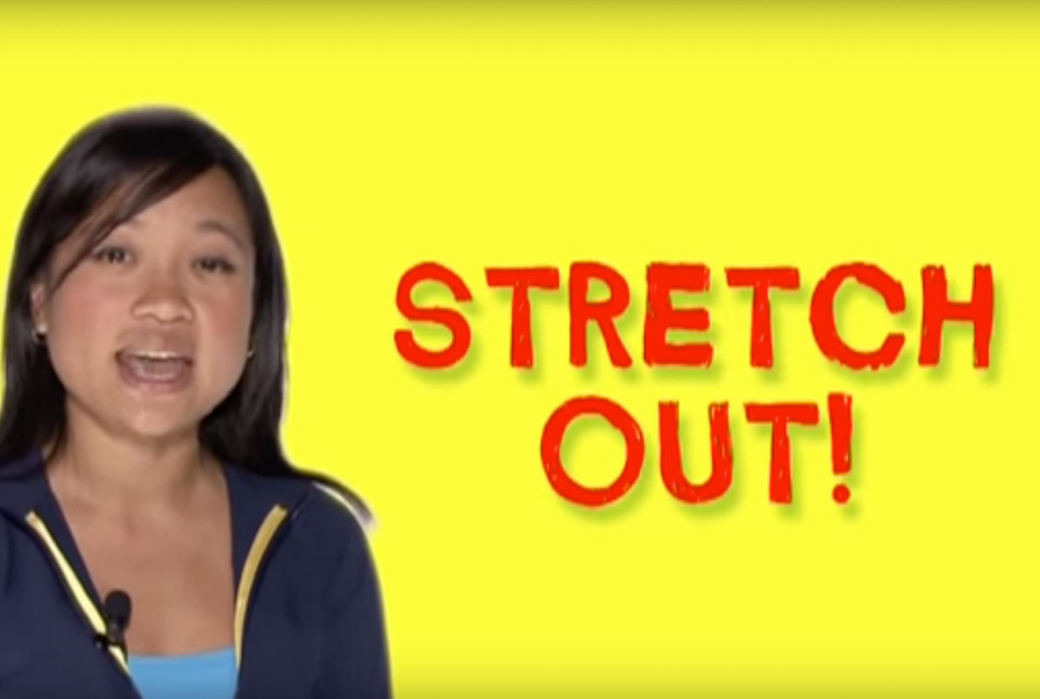 Image from a video. Woman and video title: Stretch Out!